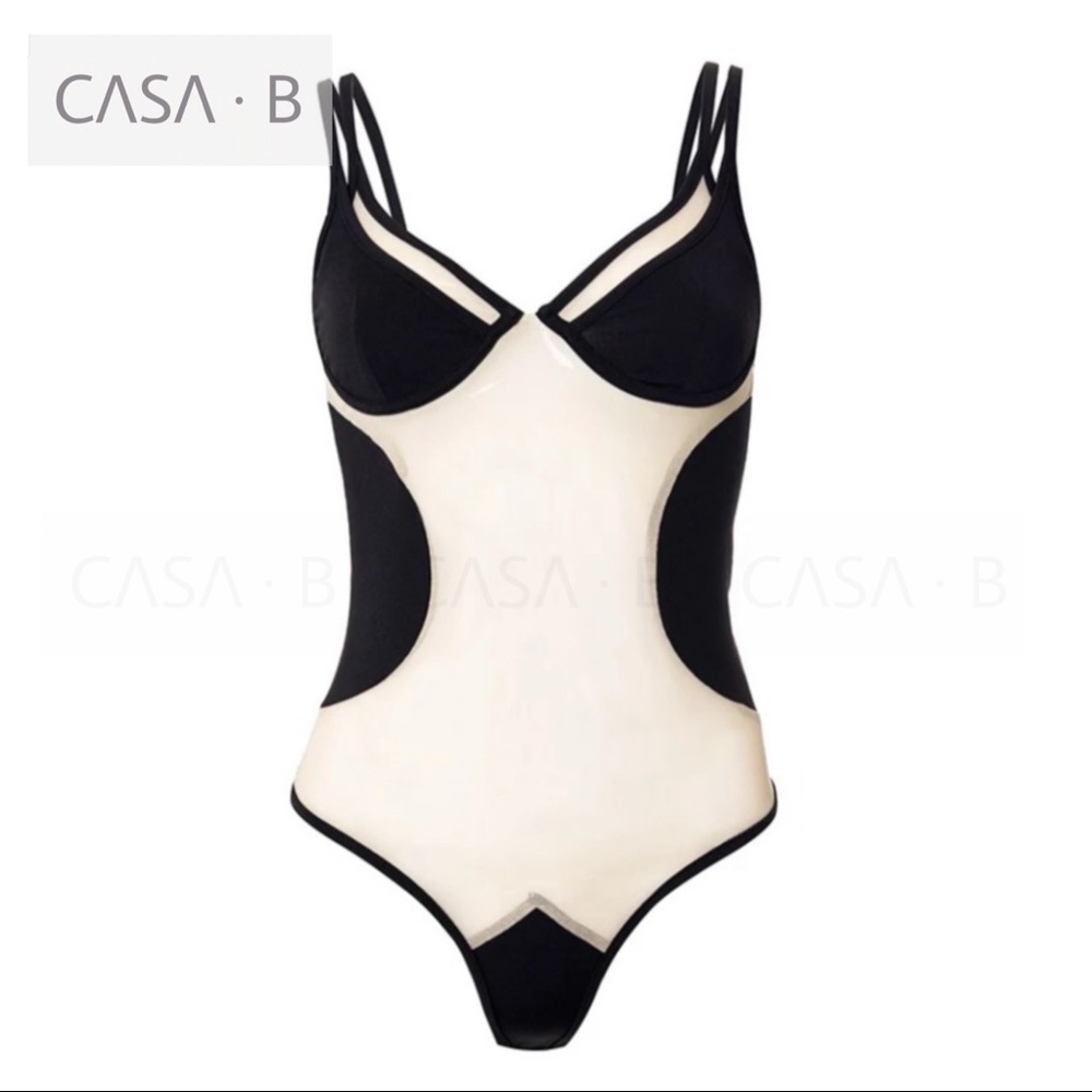 5⭐️CASA B| Delilah Sexy Sheer Mesh Nude & Black Cut- Out Patchwork Bodysuit - Picture 2 of 11